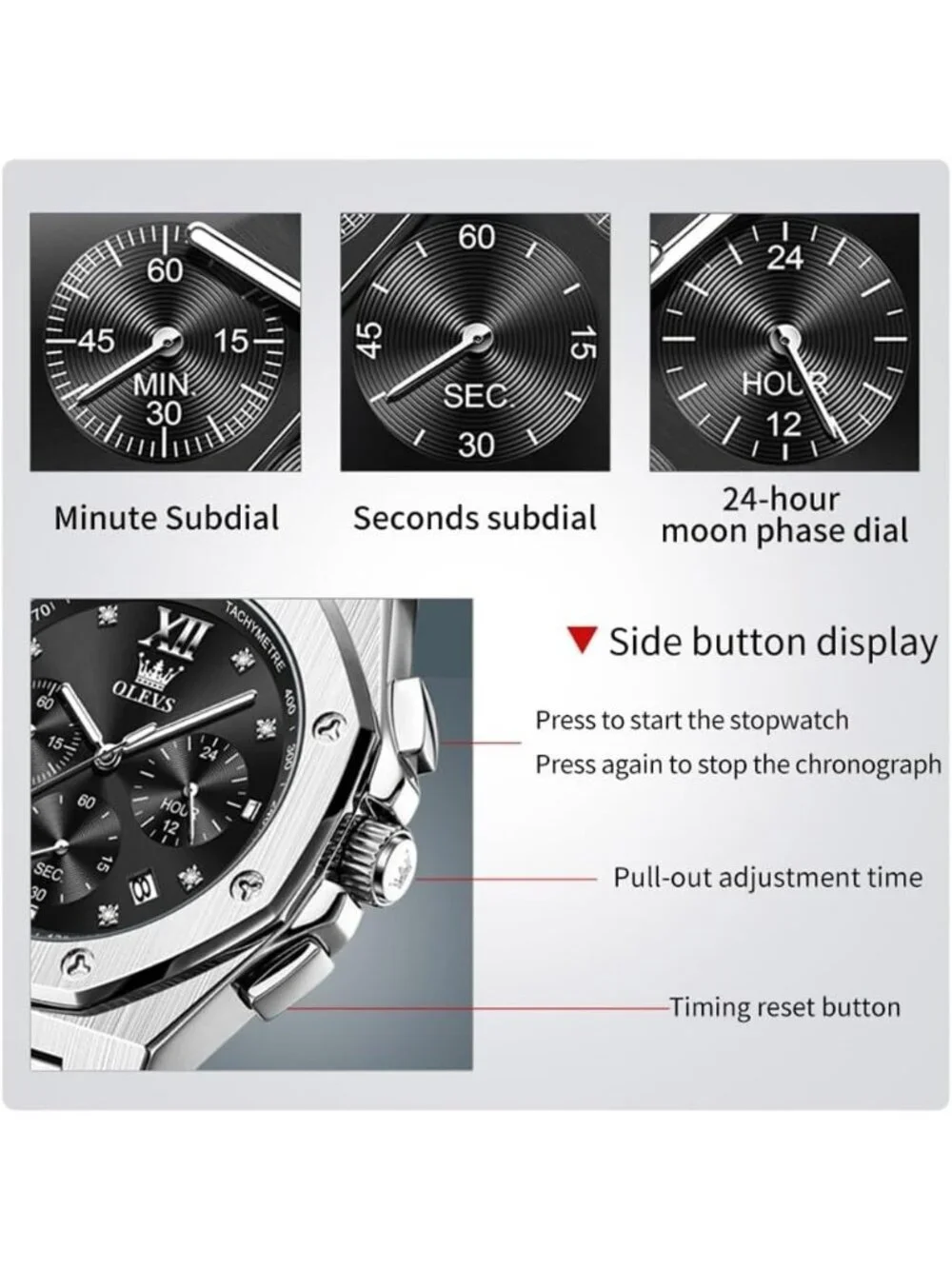 Mens Silver Black Luxury Stainless Steel Octagon Analog Quartz Chronograph Watch